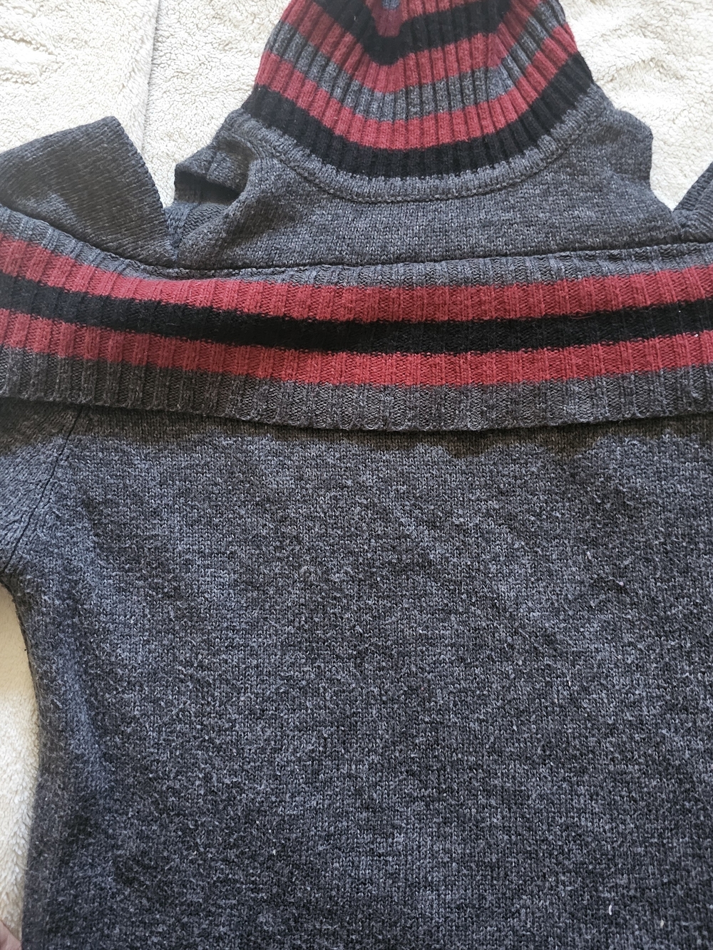 Womens Gray Ribbed Turtleneck Sweater with Burgundy & Black Stripes